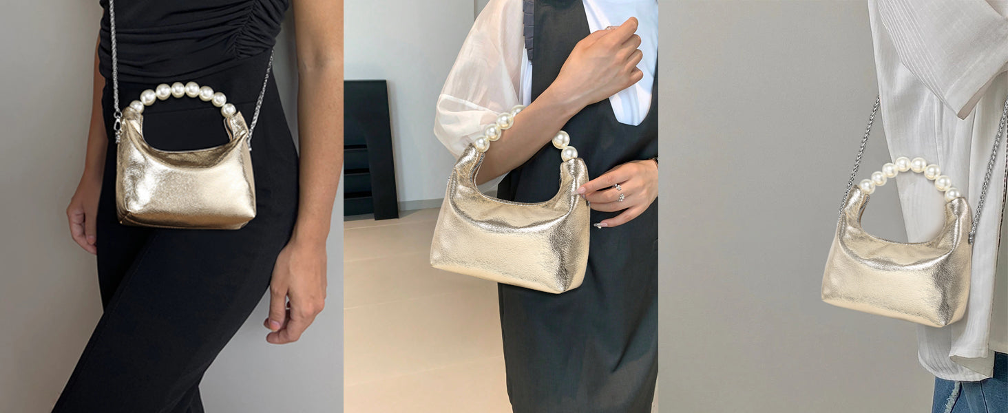 Pearl Handle Evening Clutch Purse for Women - Stylish Small Top Handle Handbags with Detachable Chain Strap for Wedding Party
