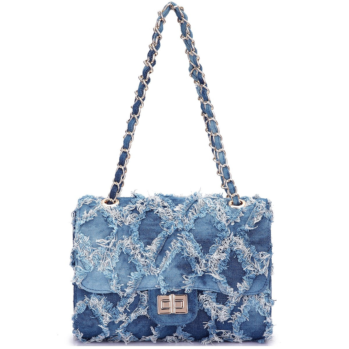 Women Small Shoulder Bags Quilted Crossbody Distressed Jean Denim Purse Evening Bag Clutch Handbag with Chain Strap