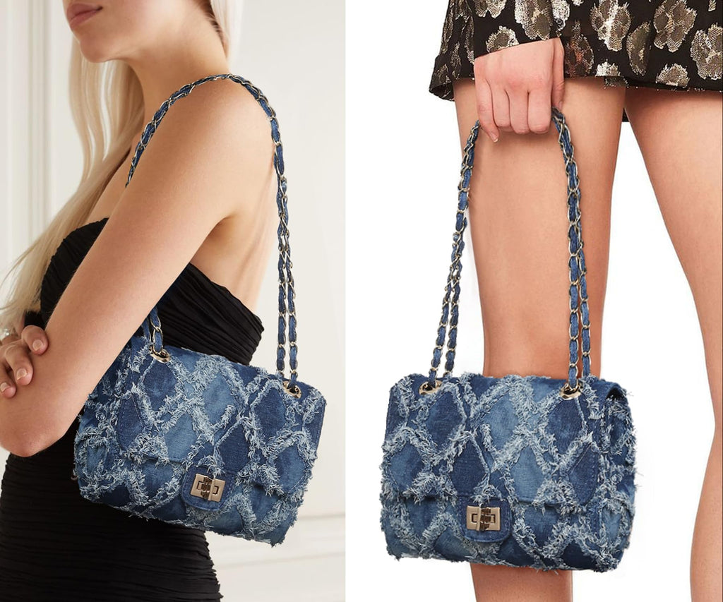 Women Small Shoulder Bags Quilted Crossbody Distressed Jean Denim Purse Evening Bag Clutch Handbag with Chain Strap