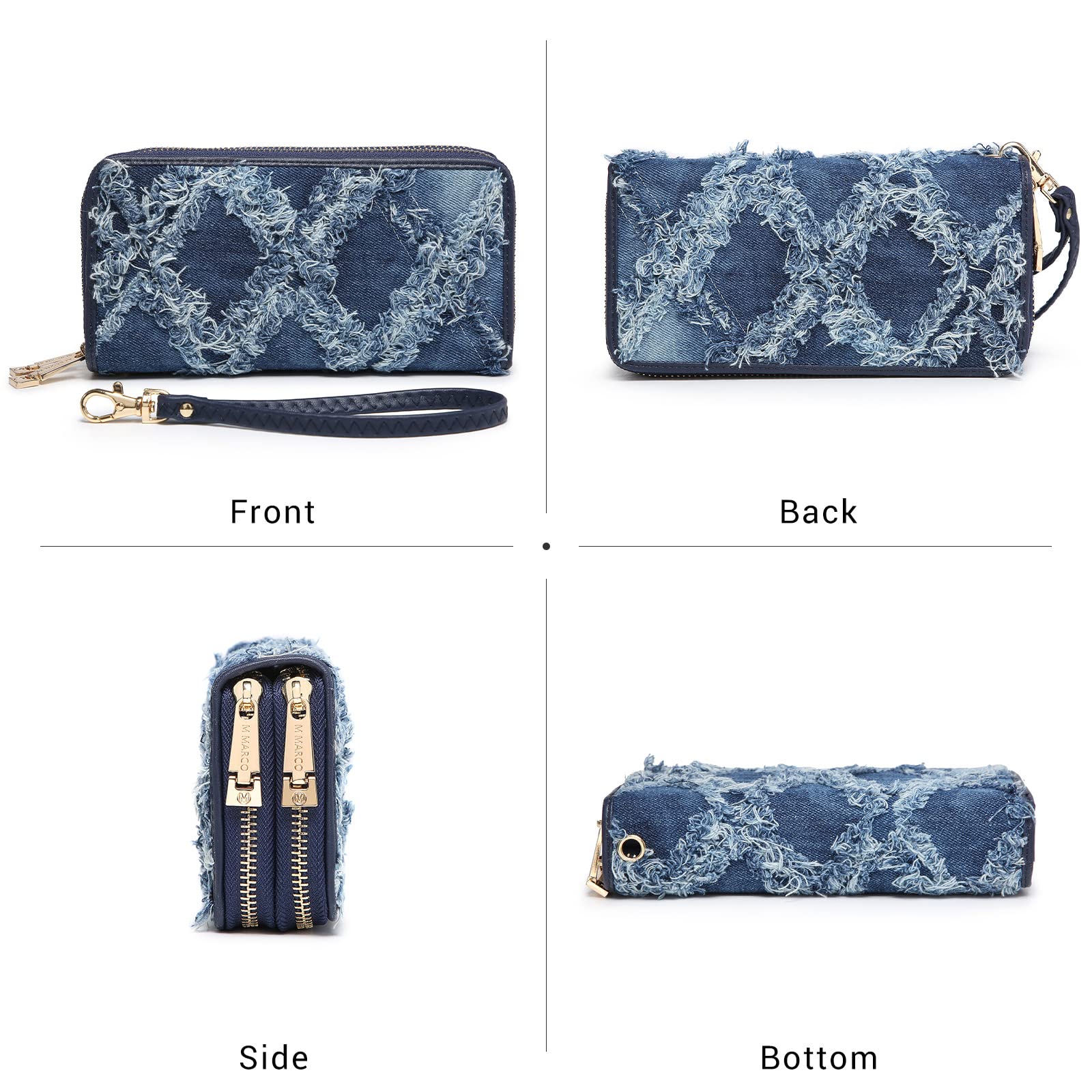 Womens Fashion Double Zip Around Wallet Long Purse Credit Card Holder Bifold Ladies Cluth Wristlet Wrist Strap