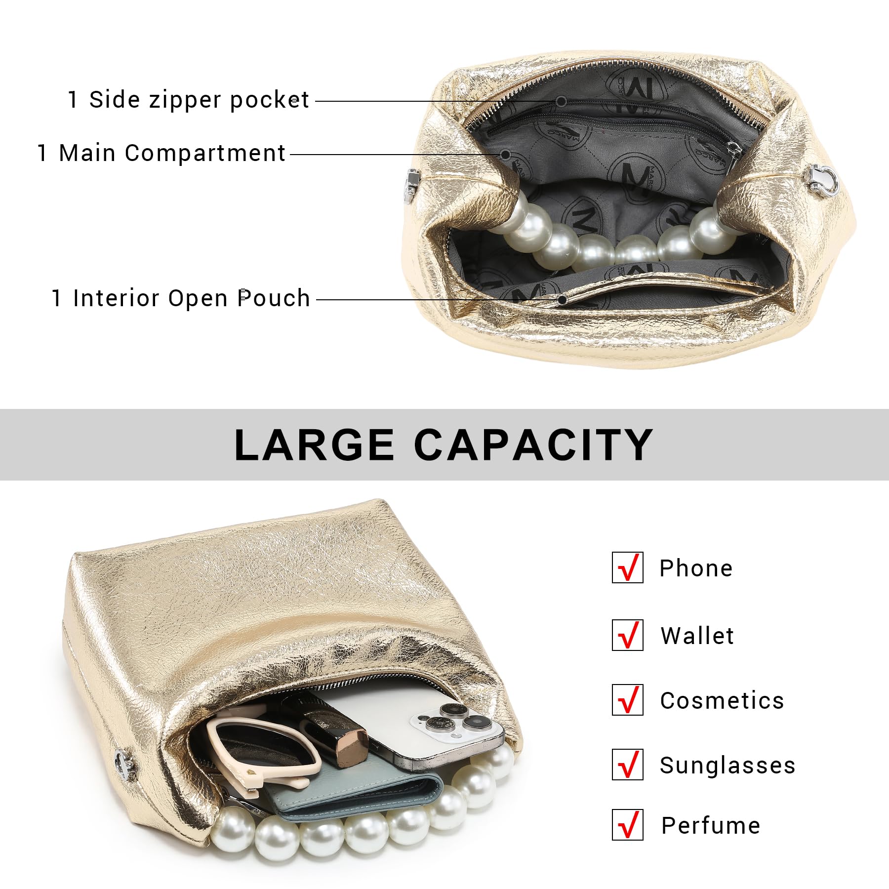 Pearl Handle Evening Clutch Purse for Women - Stylish Small Top Handle Handbags with Detachable Chain Strap for Wedding Party