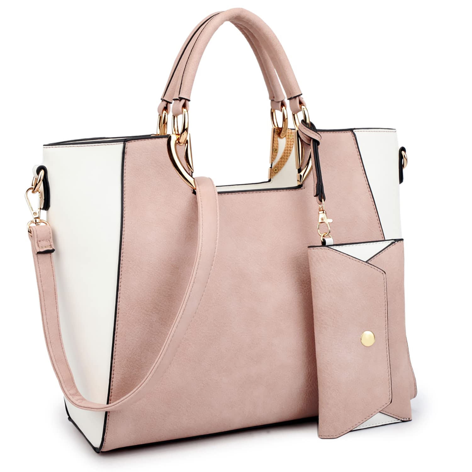 Women's Two-Tone Vegan Leather Tote Purse Large Top Handle Satchel Work Bag with Matching Wristlet