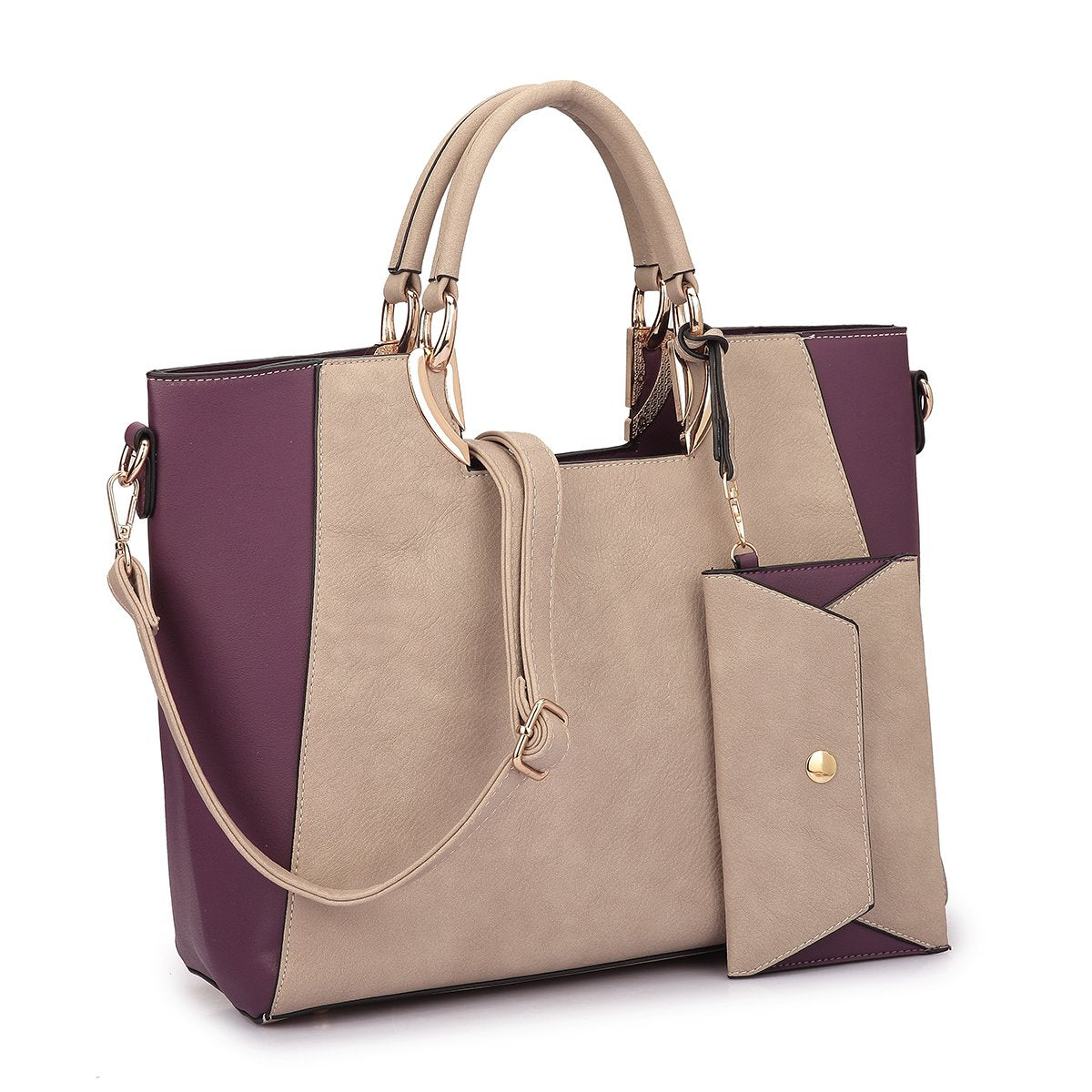 Women's Two-Tone Vegan Leather Tote Purse Large Top Handle Satchel Work Bag with Matching Wristlet