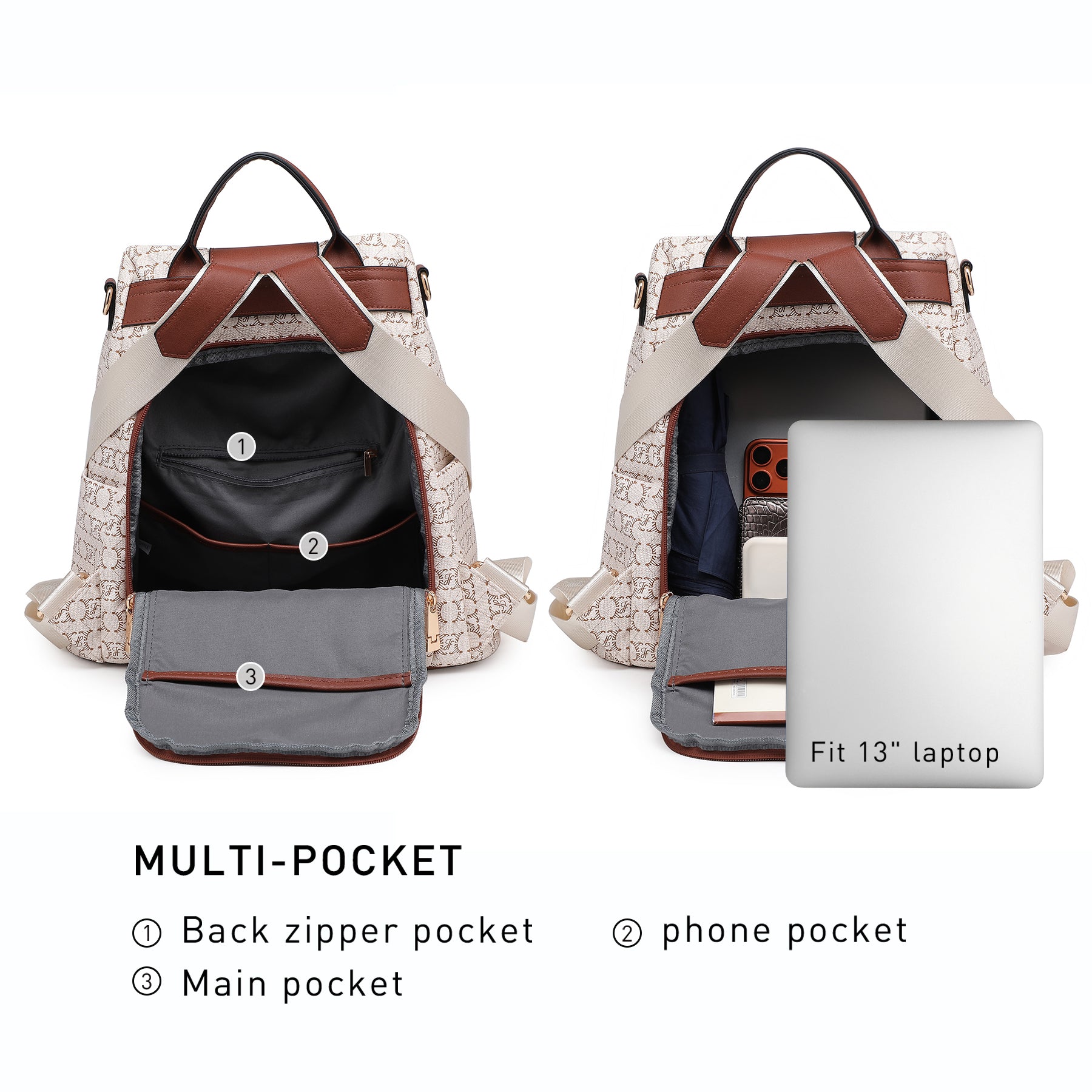 Women Fashion Backpack Purse Multi Pockets Signature Anti-Theft Rucksack Travel School Shoulder Bag Handbag Wristlet