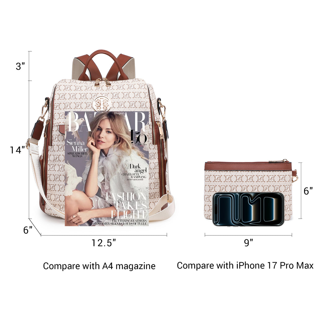 Women Fashion Backpack Purse PU Leather Convertible Medium Ladies Rucksack Travel Shoulder Bags Handbag and Purse 2Pcs