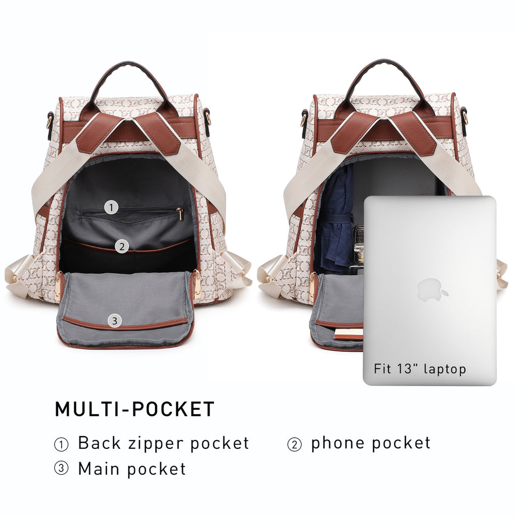 Women Fashion Backpack Purse Multi Pockets Signature Anti-Theft Rucksack Travel Ladies Shoulder Bag Handbag 2Pcs