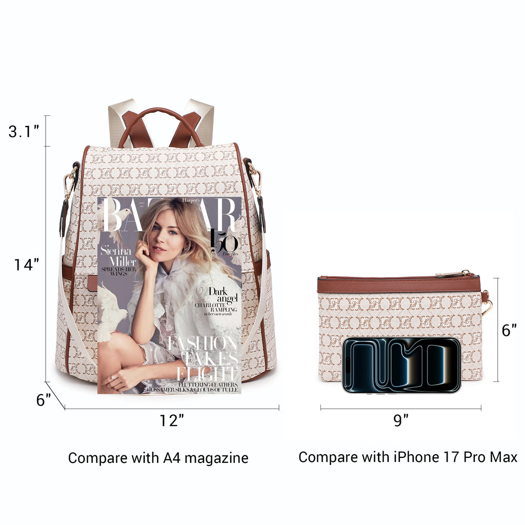 Women Fashion Backpack Purse Multi Pockets Signature Anti-Theft Rucksack Travel Ladies Shoulder Bag Handbag 2Pcs
