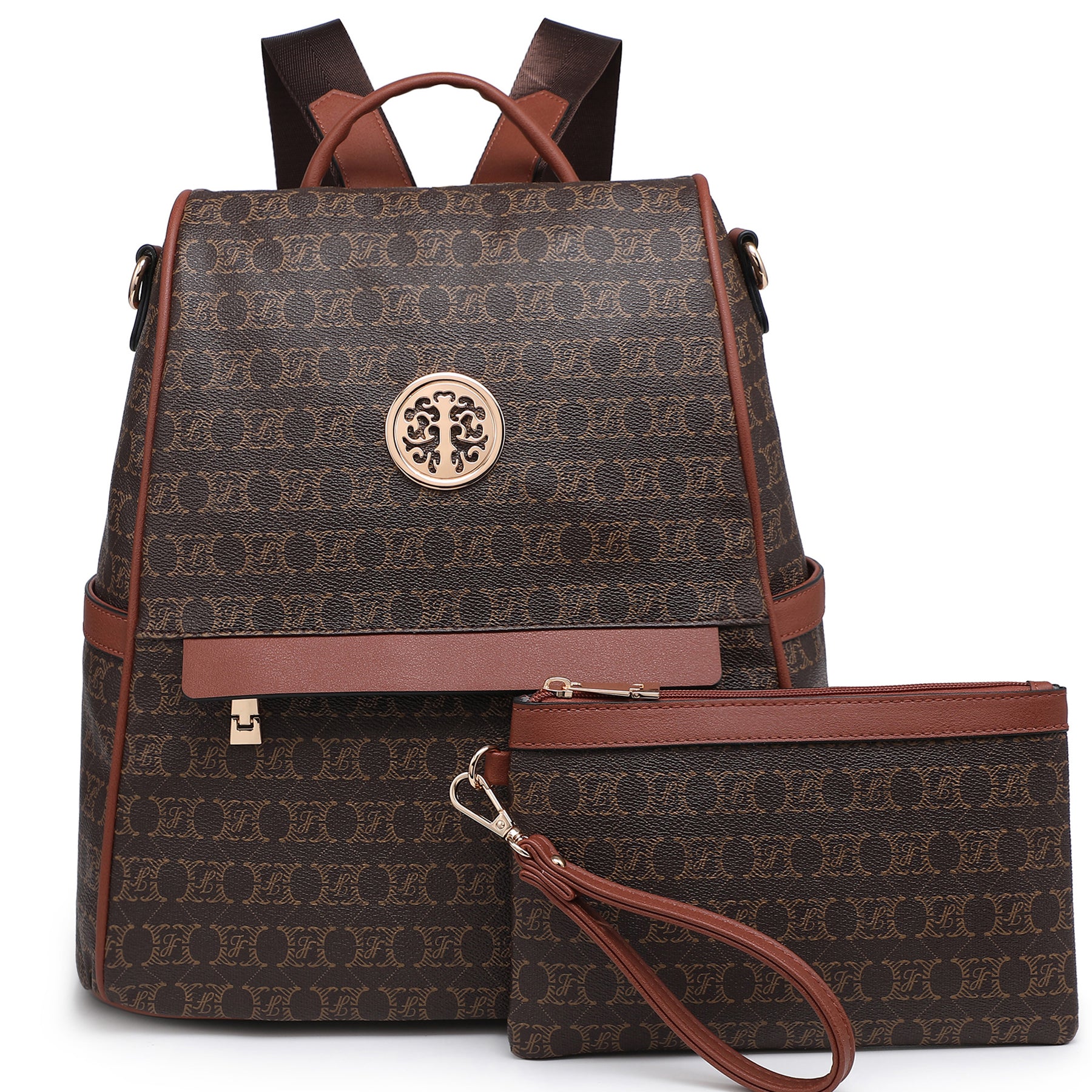 Women Fashion Backpack Purse Multi Pockets Signature Anti-Theft Rucksack Travel Ladies Shoulder Bag Handbag 2Pcs