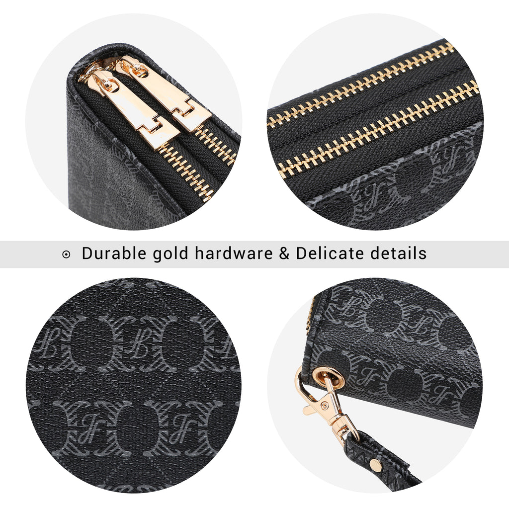 Womens Fashion Double Zip Around Wallet Jean Long Purse Credit Card Holder Bifold Ladies Cluth Wristlet Wrist Strap