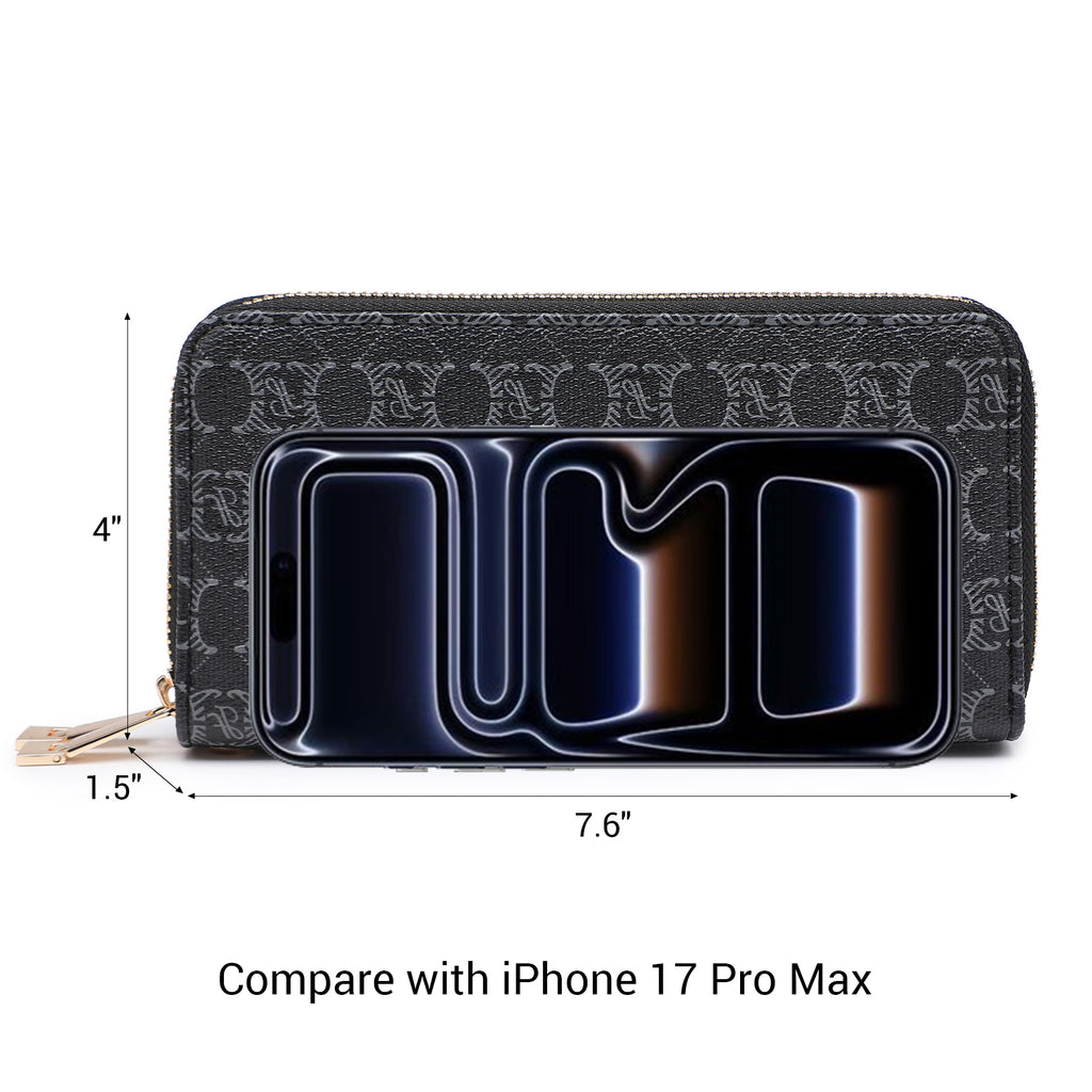 Womens Fashion Double Zip Around Wallet Jean Long Purse Credit Card Holder Bifold Ladies Cluth Wristlet Wrist Strap