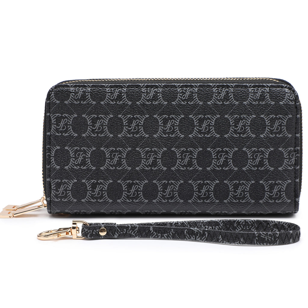 Womens Fashion Double Zip Around Wallet Jean Long Purse Credit Card Holder Bifold Ladies Cluth Wristlet Wrist Strap
